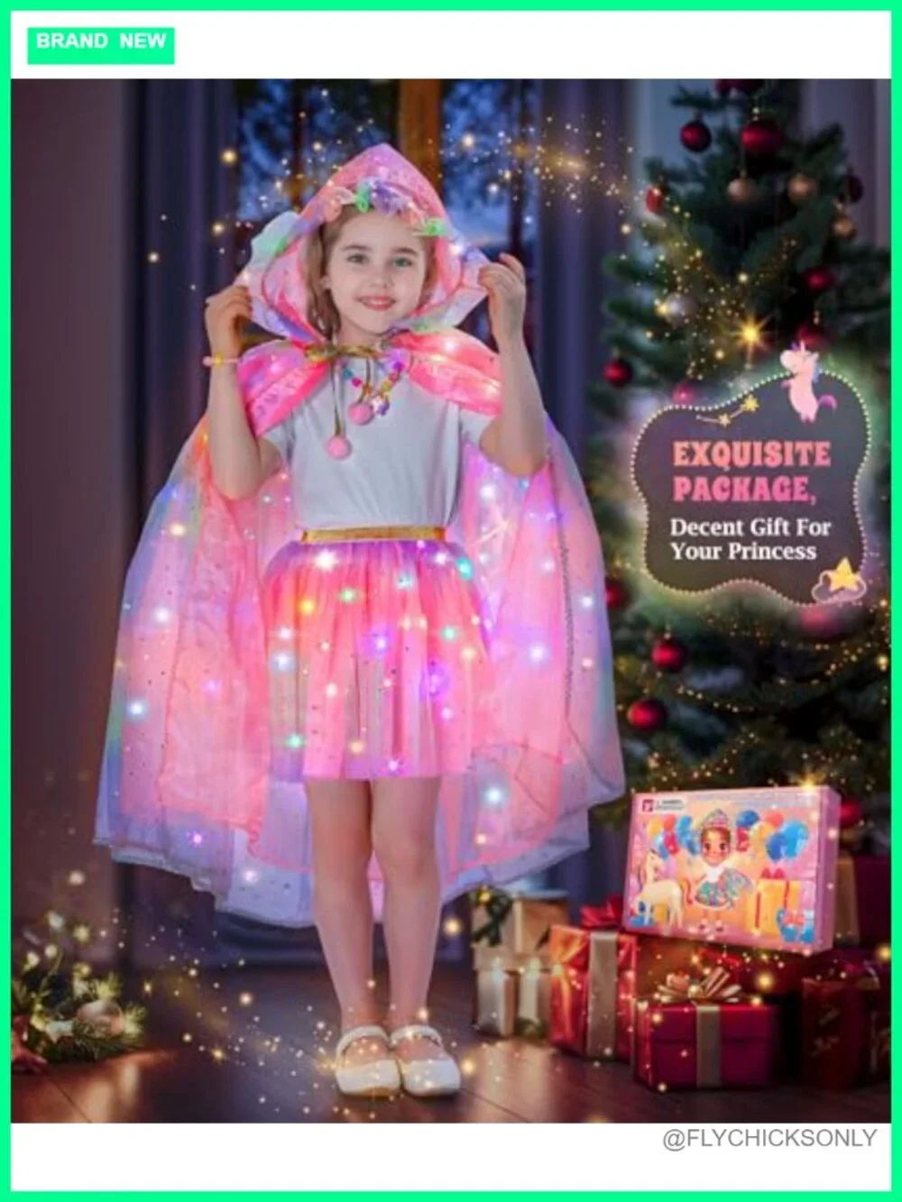 Light Up Unicorn Princess Dress Cape Tutu Set with Crown Wand for Girls